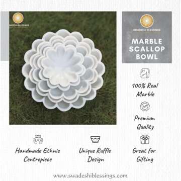 HandCrafted Marble Large Decorative Bowl | White Decorative Bowls for Home Decor | Ruffle Bowl | Scalloped Bowl | Fluted Bowl | Key/Fruit Bowl | Ring Dish | Organic Modern Home Decor Bowl (6 Inches)