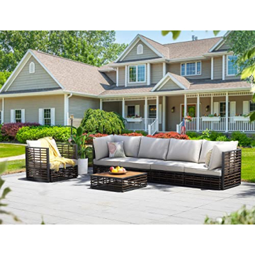 6 Pieces Luxury Outdoor Patio Furniture,Rattan Conversation Sectional Set,All Weather Wicker Patio S...