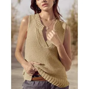 Saodimallsu Womens Sleeveless Sweater Vest Lightweight V Neck Summer Sweater Tank Tops Casual Knit Tunic Cami Shirts Camel