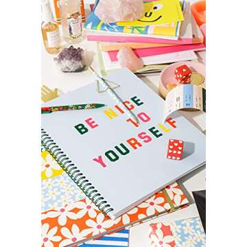 ban.do Rough Draft Blue Large Spiral Notebook with Saying, 11" x 9" with Pockets and 160 College Ruled Pages, Be Nice To Yourself
