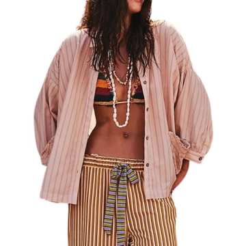 Xiaoxuemeng Womens Striped Button Down Shirts Cotton Long Sleeve Casual Summer Blouses Tops with Poc...