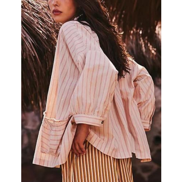 Xiaoxuemeng Women's Stylish Striped Button Down Shirt