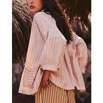 Xiaoxuemeng Women's Stylish Striped Button Down Shirt