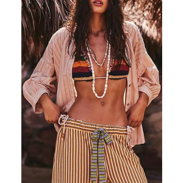 Xiaoxuemeng Women's Stylish Striped Button Down Shirt