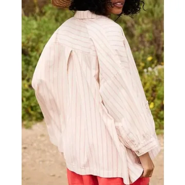 Xiaoxuemeng Women's Stylish Striped Button Down Shirt