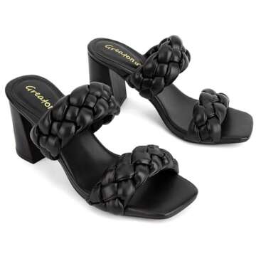 Greatonu Women's Black Braided Heeled Sandals Square Open Toe Summer Heels Slip On Dressy Sandals with Chunky Heel Size 8