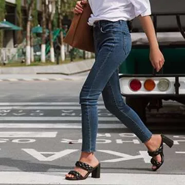 Greatonu Women's Black Braided Heeled Sandals Square Open Toe Summer Heels Slip On Dressy Sandals with Chunky Heel Size 8