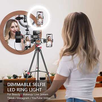 Neewer 10-Inch Selfie Ring Light with Tripod Stand, 3 Phone Holders, LED Ring Light with Soft Tube & Remote Kit: 3 Mode Lights and 10-Level Brightness for Makeup, YouTube/TikTok Video, Live Streaming
