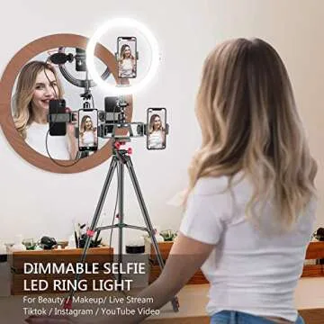 Neewer 10-Inch Selfie Ring Light with Tripod Stand, 3 Phone Holders, LED Ring Light with Soft Tube & Remote Kit: 3 Mode Lights and 10-Level Brightness for Makeup, YouTube/TikTok Video, Live Streaming
