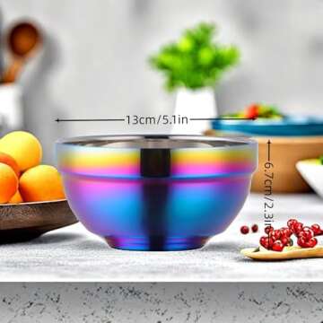 Ceiteo Rainbow Bowl Set of 6, 304 Stainless Steel Dinnerware Metal Double-walled Insulated Cereal Bo...