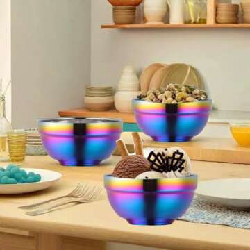 Ceiteo Rainbow Bowl Set of 6, 304 Stainless Steel Dinnerware Metal Double-walled Insulated Cereal Bowls for Eating Kitchen, Dishwasher Safe and Unbreakable