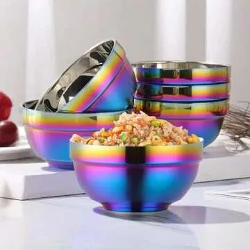 Ceiteo Rainbow Bowl Set of 6, 304 Stainless Steel Dinnerware Metal Double-walled Insulated Cereal Bowls for Eating Kitchen, Dishwasher Safe and Unbreakable
