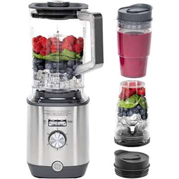 GE 5-Speed Blender + (2) 16 Ounce Blender Cups | Kitchen Essentials Blender for Shakes, Smoothies & More | Large 64 oz Tritan Jar, 8-10 Servings | Stainless Steel Blades & Exterior Finish | 1000 Watts