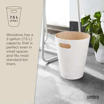 Umbra Woodrow, 2 Gallon Modern Wooden Trash Can Wastebasket or Recycling Bin for Home or Office, White