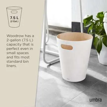 Umbra Woodrow, 2 Gallon Modern Wooden Trash Can Wastebasket or Recycling Bin for Home or Office, White