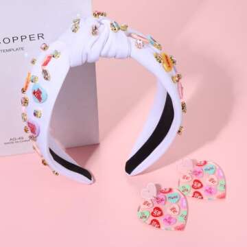 JERTOCLE Heart Headband for Women Valentine’s Day Knotted Headband Embellished Crystal Red Pink Headband Galentine’s Day Party Accessories Gifts (White)