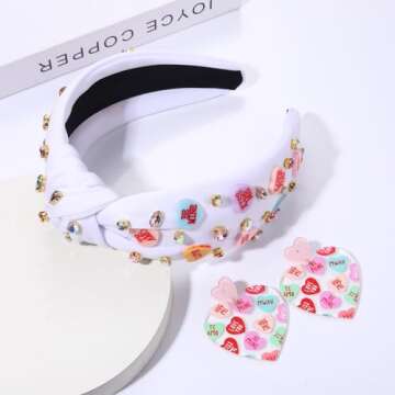 JERTOCLE Heart Headband for Women Valentine’s Day Knotted Headband Embellished Crystal Red Pink Headband Galentine’s Day Party Accessories Gifts (White)
