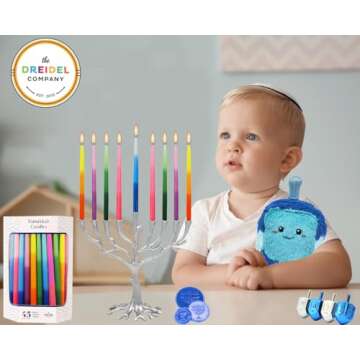 The Dreidel Company Dripless Deluxe Tapered Hanukkah Candles, Multicolored 3-Tone Pastel Decorations...