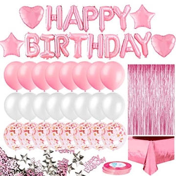 MOVINPE Pink Birthday Party Decoration, Happy Birthday Banner, Rose Gold Fringe Curtain, Foil Tablec...