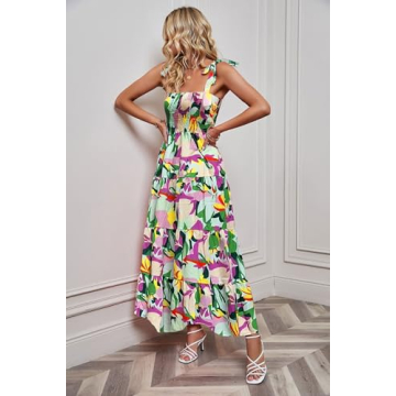 kinstell Women's Summer Boho Spaghetti Strap Square Neck Ruffle Casual Flowy Long Dress Beach Swing Party Maxi Dress