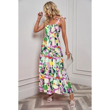 kinstell Women's Summer Boho Spaghetti Strap Square Neck Ruffle Casual Flowy Long Dress Beach Swing Party Maxi Dress