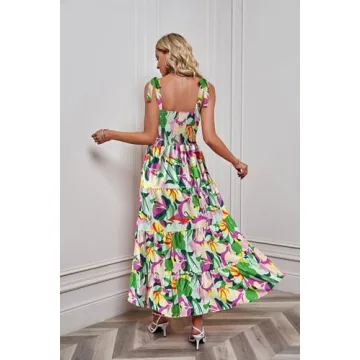 kinstell Women's Summer Boho Spaghetti Strap Square Neck Ruffle Casual Flowy Long Dress Beach Swing Party Maxi Dress