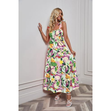 kinstell Women's Summer Boho Spaghetti Strap Square Neck Ruffle Casual Flowy Long Dress Beach Swing Party Maxi Dress