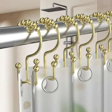 BATHDESIGN Shower Curtain Hooks Rings, Rust Proof Stainless Steel Shower Curtain Hooks Double Sided for Bathroom Shower Rods Curtains, Set of 12, Gold