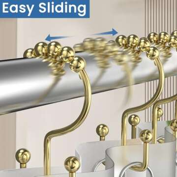 BATHDESIGN Shower Curtain Hooks Rings, Rust Proof Stainless Steel Shower Curtain Hooks Double Sided for Bathroom Shower Rods Curtains, Set of 12, Gold