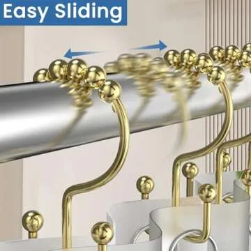 BATHDESIGN Shower Curtain Hooks Rings, Rust Proof Stainless Steel Shower Curtain Hooks Double Sided for Bathroom Shower Rods Curtains, Set of 12, Gold