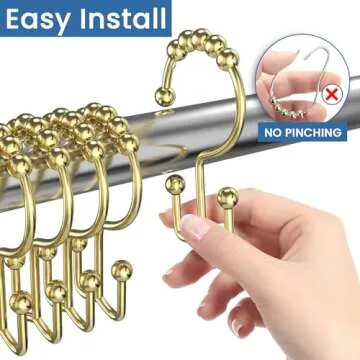 BATHDESIGN Shower Curtain Hooks Rings, Rust Proof Stainless Steel Shower Curtain Hooks Double Sided for Bathroom Shower Rods Curtains, Set of 12, Gold