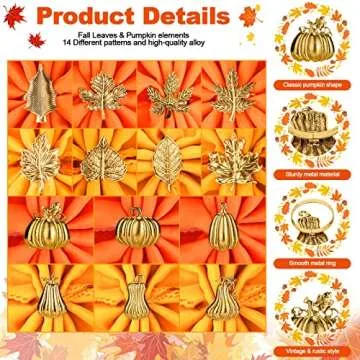 Set of 14 Napkin Rings Maple Leaf Pumpkin Napkin Ring Rustic Napkin Rings Holder Vintage Gold Napkin Rings for Wedding Dinner Table Settings Decorations