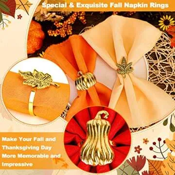 Set of 14 Napkin Rings Maple Leaf Pumpkin Napkin Ring Rustic Napkin Rings Holder Vintage Gold Napkin Rings for Wedding Dinner Table Settings Decorations