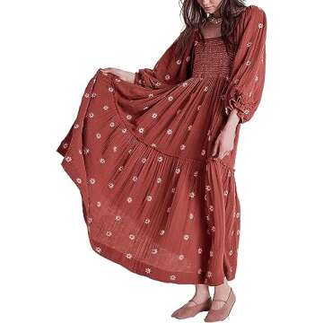 Willow Dance Women Casual Bohemian Floral Dress Square Neck Ruffle Swing A Line Dress Long Sleeve Be...