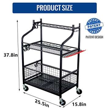 Mythinglogic Garden Alloy Steel Tool Organizer for Garage-Yard Racks with Wheels,Garage Organizers and Storage Hold Tools,Yard Holder Garage/Shed,Garden tool stand, Medium, Black