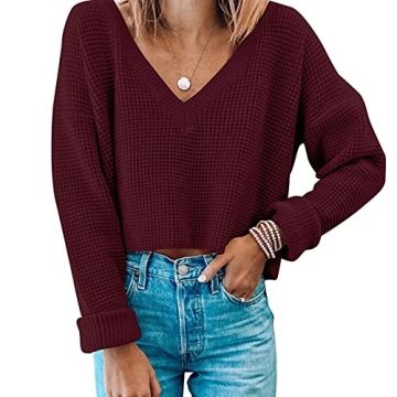 Jumppmile Women’s V Neck Long Sleeve Tops Crop Waffle Knit Sweater in Wine Red