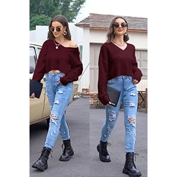 Jumppmile Women’s V Neck Knit Crop Sweater in Wine Red