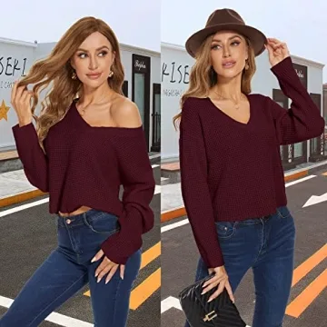 Jumppmile Women’s V Neck Knit Crop Sweater in Wine Red