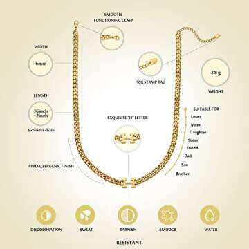 TRIPOD JEWELRY Womens 18K Real Gold Plated Initial Necklace Choker with H Letter, 6mm 316L Stainless...