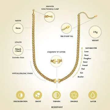 TRIPOD JEWELRY Womens 18K Real Gold Plated Initial Necklace Choker with H Letter, 6mm 316L Stainless...
