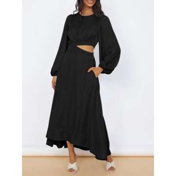 Fisoew Women's Long Sleeve Midi Dress Cutout Elastic High Waist A Line Maxi Party Dress with Pockets Black