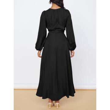 Fisoew Women's Long Sleeve Midi Dress Cutout Elastic High Waist A Line Maxi Party Dress with Pockets Black