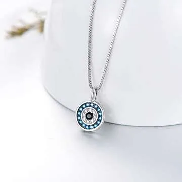 PEIMKO Evil Eye Pendant Necklace for Women 925 Sterling Silver Greek Protection Jewelry Amulet Gift Lucky Necklace for Mom（White Gold）