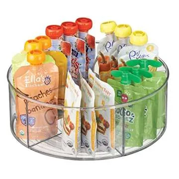 mDesign Divided Lazy Susan Turntable Storage Container for Kitchen Cabinet, Pantry, Refrigerator, Countertop Food Safe - Spinning Organizer for Kids/Toddler's Food Pouches - 5 Sections, 2 Pack - Clear