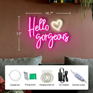 Large Hello Gorgeous Neon Signs for Girls Bedroom Wall Decor, Romantic Led Pink Neon Light Sign with Dimmer Switch for Wedding, Valentine's Day Party Gifts-by Colysor(Pink) (Power Adapter Included)