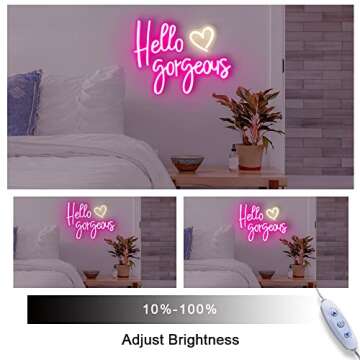Large Hello Gorgeous Neon Signs for Girls Bedroom Wall Decor, Romantic Led Pink Neon Light Sign with Dimmer Switch for Wedding, Valentine's Day Party Gifts-by Colysor(Pink) (Power Adapter Included)