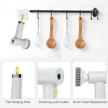 Electric Spin Scrubber with 5 Brush Heads,Cordless Power Scrubber for Arthritis and Seniors Cleaning Kitchen Bathroom Floor Stove with 2 Adjustable Speeds Type-C Charger and Long Last Battery (Grey)