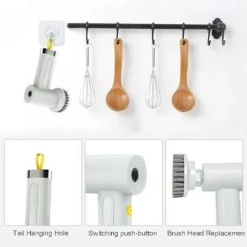 Electric Spin Scrubber with 5 Brush Heads,Cordless Power Scrubber for Arthritis and Seniors Cleaning Kitchen Bathroom Floor Stove with 2 Adjustable Speeds Type-C Charger and Long Last Battery (Grey)