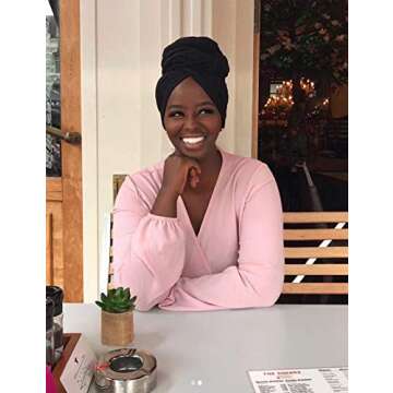 Harewom Black Hair Wrap for Women Long Stretch Jersey Head Scarf Summer Breathable Lightweight Turban Solid Color