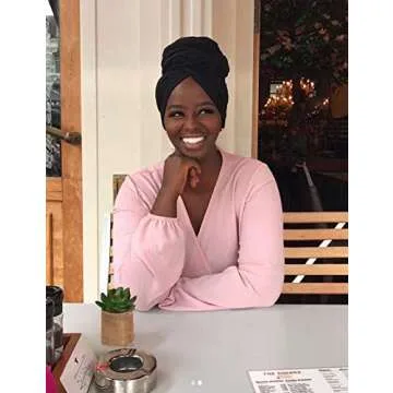 Harewom Black Hair Wrap for Women Long Stretch Jersey Head Scarf Summer Breathable Lightweight Turban Solid Color